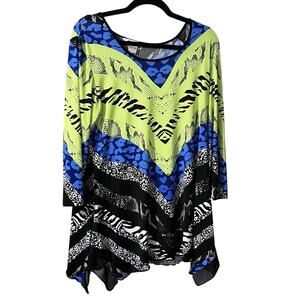 Nygard Top Tunic Blouse SZ L Oversized Neon Abstract Long Hankerchief Hem Ruffle